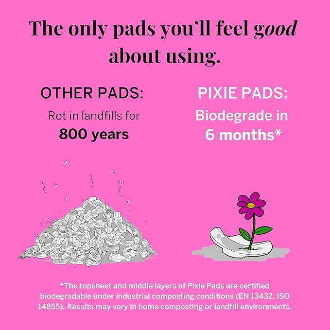 Pixie Organic Pads Cotton Ultra Thin Overnight Pads for Women - Extra Heavy Absorbency with Wings - Leak-Proof, Hypoallergenic & Unscented - Compostable, Biodegradable - FSA Eligible - 12 Count