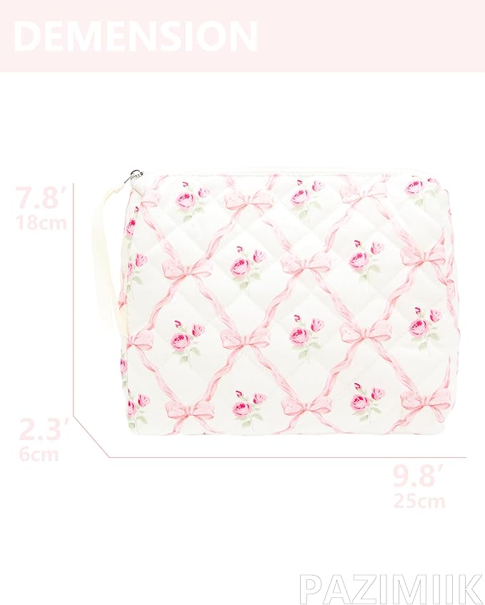 Quilted Makeup Pouch for Women, Travel Cosmetic&Toiletry Bag,Bow Rose