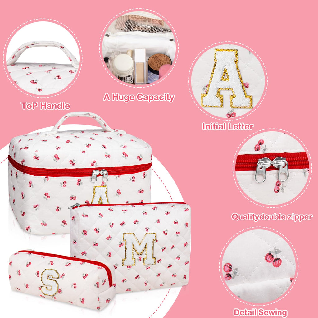 Initial Makeup Bag Set, Personalized Quilted Makeup Bag, Large Floral Cosmetic Bag for Women, Cute Cotton Custom Make up Bags, Flower Travel Toiletry Bag Teen Girl Gift Trendy Stuff Gift Red Cherry S