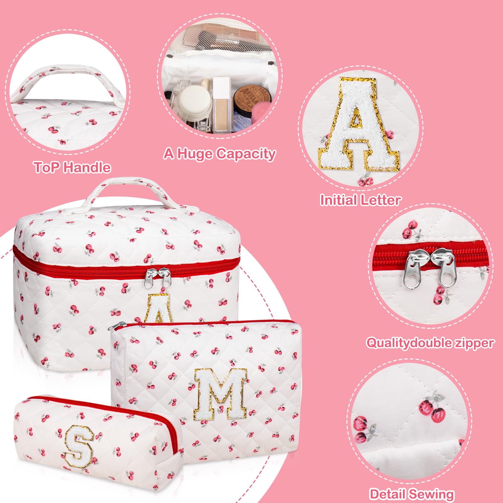 Initial Makeup Bag Set, Personalized Quilted Makeup Bag, Large Floral Cosmetic Bag for Women, Cute Cotton Custom Make up Bags, Flower Travel Toiletry Bag Teen Girl Gift Trendy Stuff Gift Red Cherry S