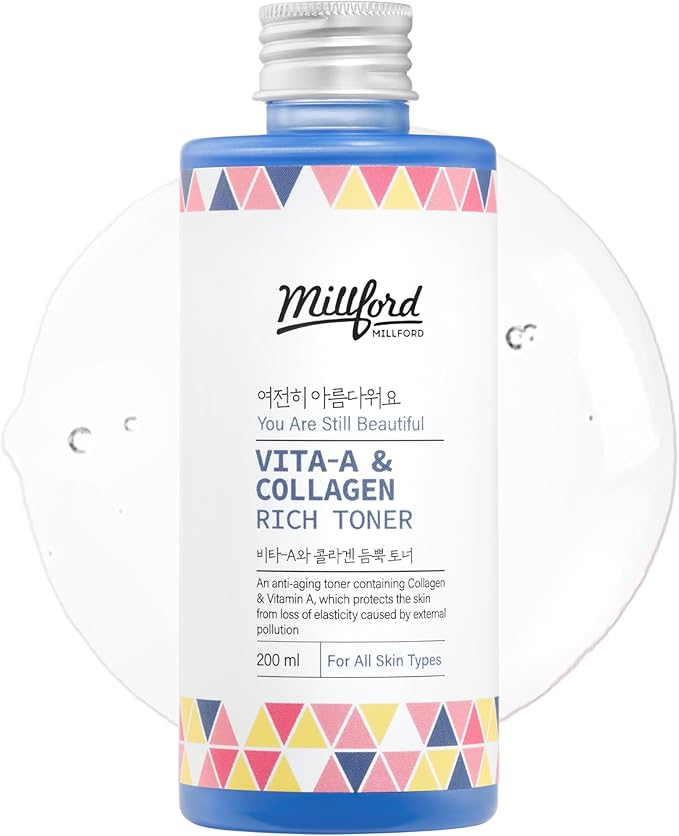 Millford Vita A & Collagen Rich Toner 200ml/6.76 fl.oz - Anti-Aging Retinol Face Toner with Marine Collagen & Panthenol for Fine Lines, Wrinkles, Elasticity & Deep Hydration, Korean Skincare