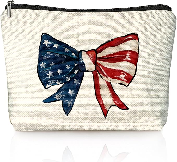 LIANGW Coquette American Flag Bow Makeup Bag, Gifts for Patriotic Women Cosmetic Bag, Preppy Red White and Blue Bow Small Toiletry Bags Zipper Makeup Pouch