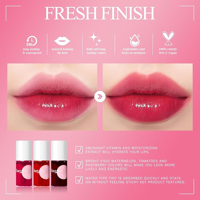 bayfree Lip Tint Stain Set, 3 PCS Korean Water Tint Lightweight Non-sticky, Waterproof Long Lasting Liquid Blush & Lip Stain, Transfer-Proof, Matte Finish Lip Color Makeup (fruit platter)