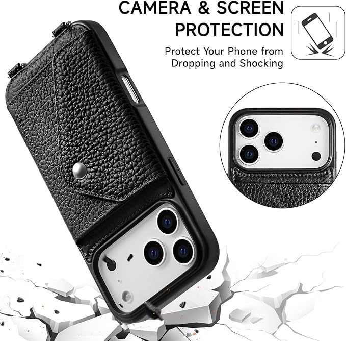LUCKYCOIN Crossbody Phone Case for iPhone 17 Pro Max,100% Genuine Leather Phone Wallet Case for Women, Premium Hands-Free Phone Purse with Expandable Flip Card Holder & Adjustable Strap - Pebble Black