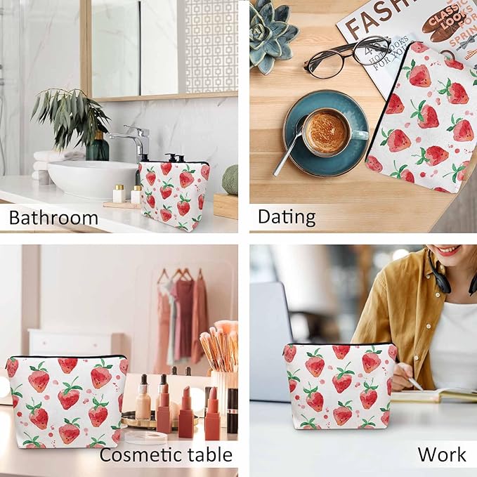 Kalygon Strawberry Cosmetic Travel Bag For Toiletries, Summer Fruits Strawberry Red Makeup Bag Toiletry Bags For Women, Flax Cosmetic Bags Make Up Bag Purse Toiletries Bag Birthday Gift