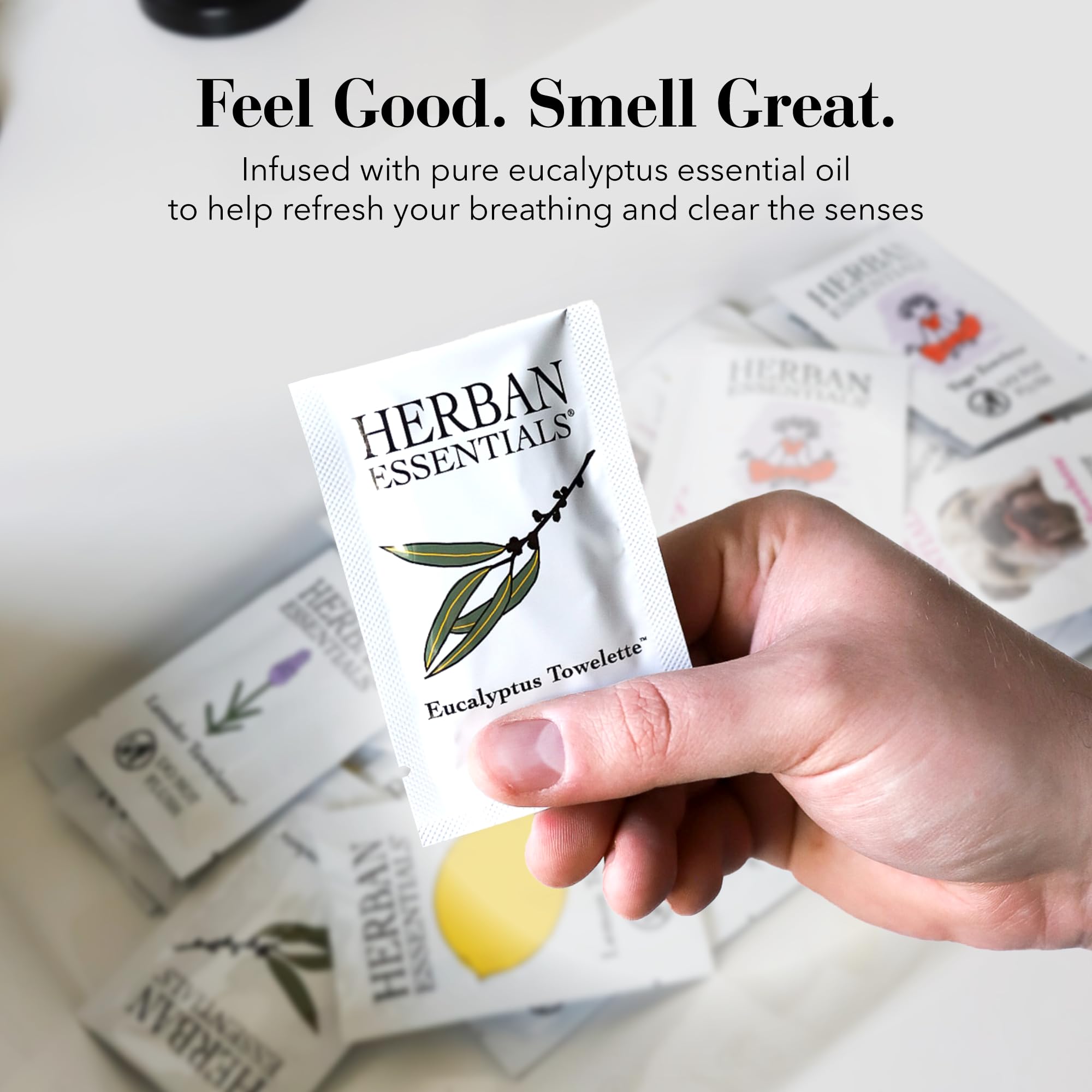 Herban Essentials - Eucalyptus Wipes & Towelettes - Essential Oil Wipes for Hands & Body - Travel Size Essentials and Toiletries - Natural, Individually Wrapped, Disposable & Moist Refresh (20 count)