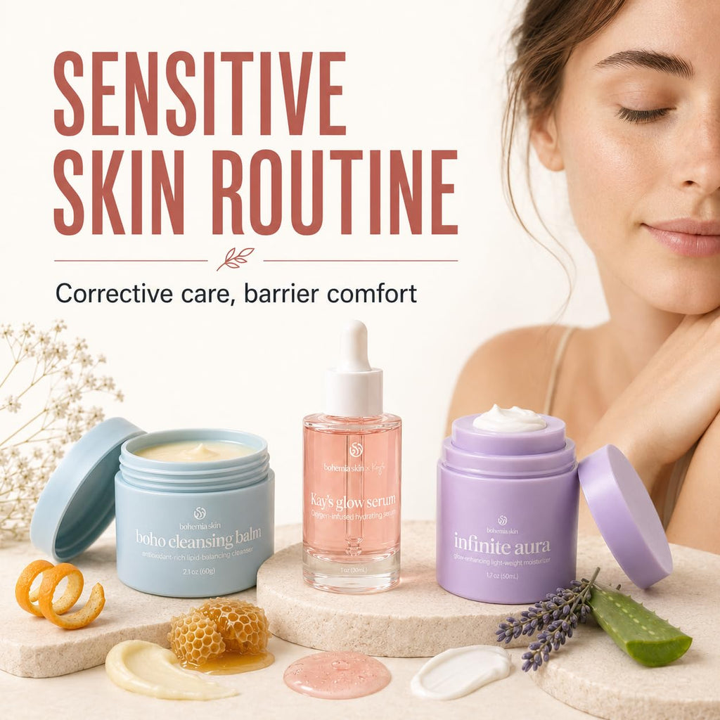 Bohemia Skin Kay’s Glow Serum + Infinite Aura Moisturizer + Boho Cleansing Balm – Oxygen-Infused THDA Vitamin C with Gentle AHA for Face and neck | Hydrates, Soothes and Brightens Bundle