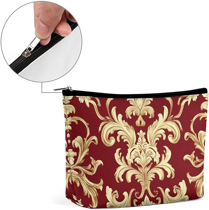 Meaudiwes Fashion Zipper Cosmetic Case, Portable Makeup Case, Personality Toiletry Bag, Travel Cosmetic Toiletry Bag Flower Red Gold Floral Classy Burgundy Antique
