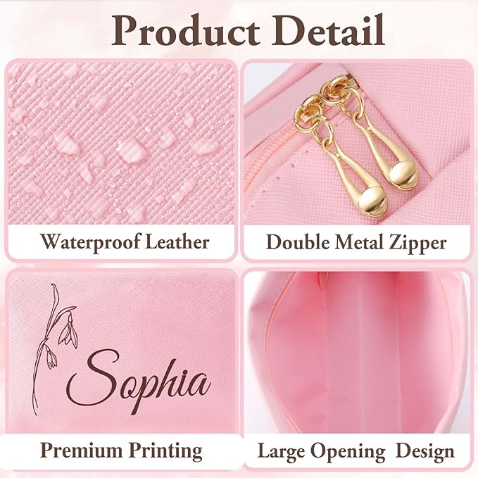 Fincekoom Personalized Makeup Bag with Name & Birth Flower, Custom Leather Cosmetic Bags for Women, Customized Travel Toiletry Bag Gifts for Bridesmaid Wedding