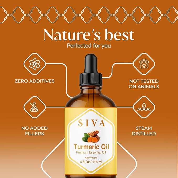 Siva Turmeric Essential Oil 4 Fl Oz – for Diffuser, Skin & Hair Care – Ideal for Massage & DIY Blends- with Dropper