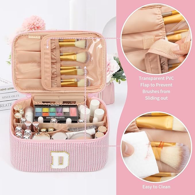 OCHEAL Makeup Bag for Women, Monogram Cosmetic Bag Pink Travel Makeup Case Beauty Toiletry Bag Organizer Personalized Gifts for Girls Bridesmaid, Sister, Wife, Friends Initial D