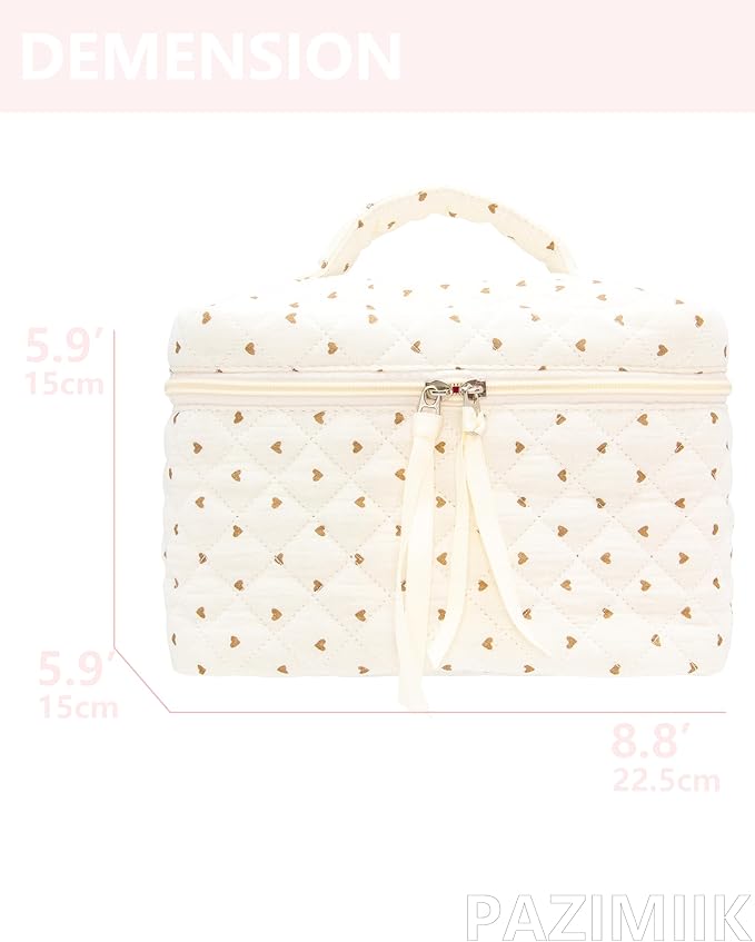 Quilted Makeup Bag for Women, Travel Cosmetic&Toiletry Bag,Gauze Heart