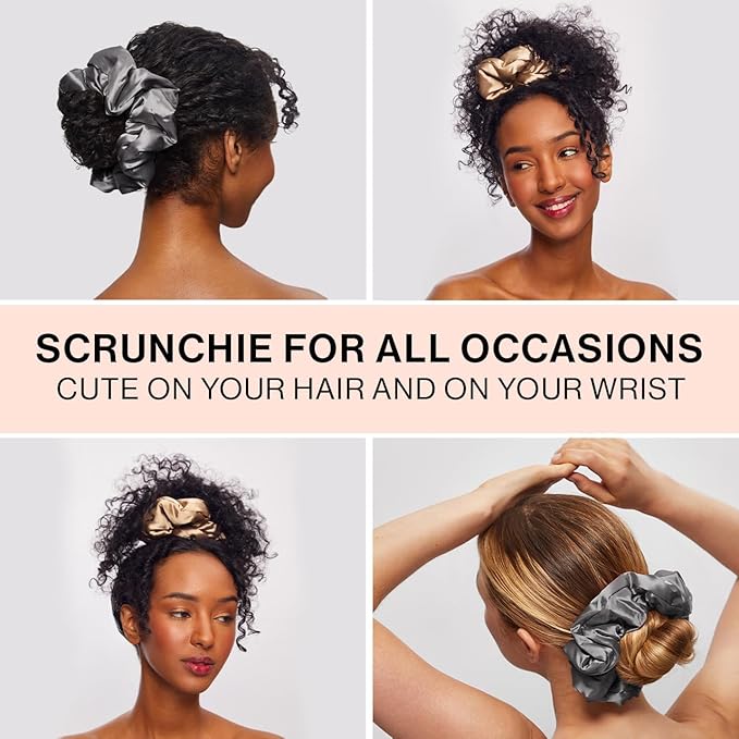 Kitsch Pillow Satin Scrunchies for Women - Charcoal & Gold, 2pcs