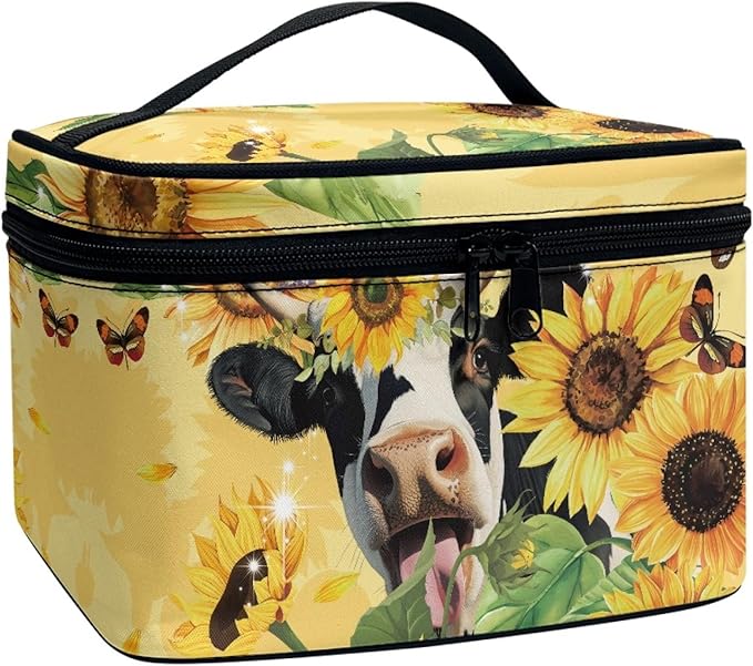 Drydeepin Cute Sunflower Cow Print Travel Makeup Bag for Women Yellow Large Capacity Cosmetic Bag with Zipper and Handle Portable Brushes Case Toiletry Bag Make Up Organizers and Storage Bags