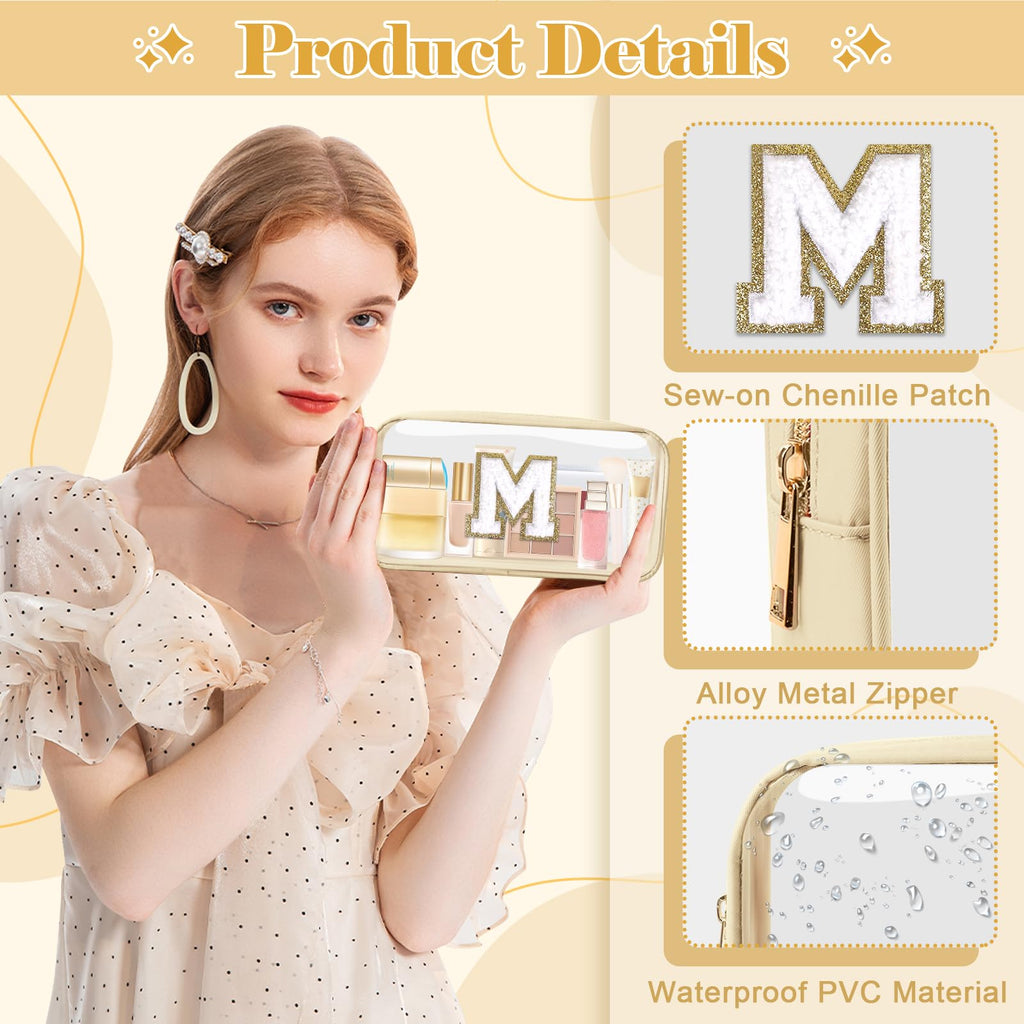 Personalized Initial Letter Clear Makeup Bag,Preppy Small Nylon&PVC Cosmetic Zipper Bag with Chenille Letter,Portable Beach Travel Skincare Toiletry Bag,Trendy Monogram Gift for Teen Girls Women,M