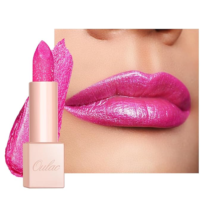 Oulac Warm Pink Shimmer Lipstick, Sparkle Lip Color, Vegan Makeup
