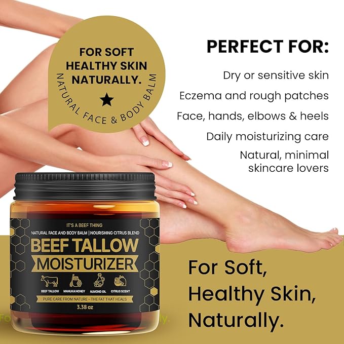 Tallow and Honey Balm for Skin & Face - 100% Grass-Fed Organic Whipped Beef Tallow Moisturizer with Manuka Honey, Sweet Almond Oil & Light Citrus Scent - Deep Barrier Repair & Body Butter (3.38 oz)
