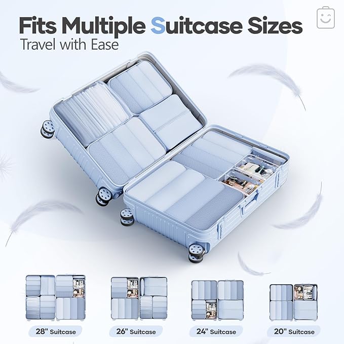 Veken 9/11 Set Compression Packing Cubes Garment Bags for Travel Essentials,Compressible Expandable Luggage Organizer Bags for Clothing,Space Saver Bags with Over 1000 pcs of Mesh Holes(Light Blue)