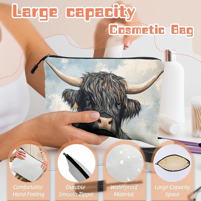 Scribesense Cosmetic Bags Travel Makeup Toilet Case Waterproof Pouch for Women Girls 6.7X9.45inches - Black Yak With Large Horns in A Flower - Filled Meadow