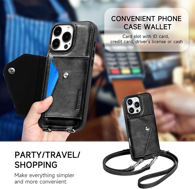 LUCKYCOIN Crossbody Phone Case for iPhone 16 Pro Max, 100% Genuine Leather Phone Wallet Case for Women, Premium Hands-Free Phone Purse with Expandable Flip Card Holder & Adjustable Strap - Retro Black