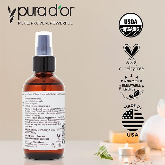 PURA D'OR 4 Oz ORGANIC Amla Oil, 100% Pure USDA Certified Premium Grade, Cold Pressed, Unrefined, Extra Virgin, Hair Serum & Thickening Hair Product w/Pump for Women & Men, Ayurvedic Skin Care