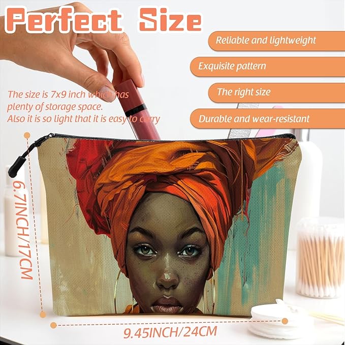Scribesense Cosmetic Bags Travel Makeup Toilet Case Waterproof Pouch for Women Girls 6.7X9.45inches - Orange Turban And The Intense Gaze of A Lady