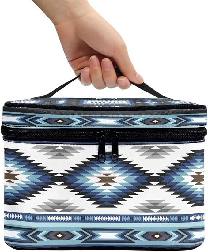 Drydeepin Western Makeup Bags for Woment Tribal Ethnic Tribal Aztec Navajo Portable Cosmetic Travel Bags with Zipper and Carry Handle Large Capacity Toiletry Case Organizer Storage Pouch