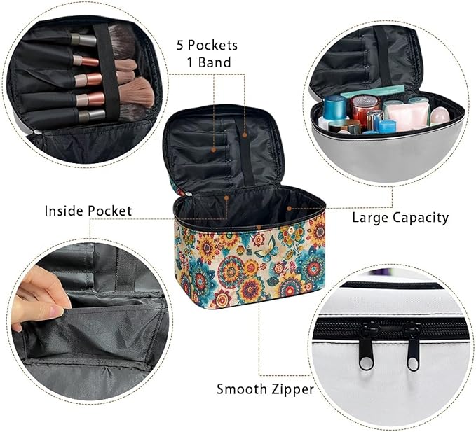 Drydeepin Boho Style Mandala Butterfly Pattern Travel Makeup Bags for Women Portable Tote Cosmetic Case with Carry Handle Toiletry Accessories Storage Organizer Bags