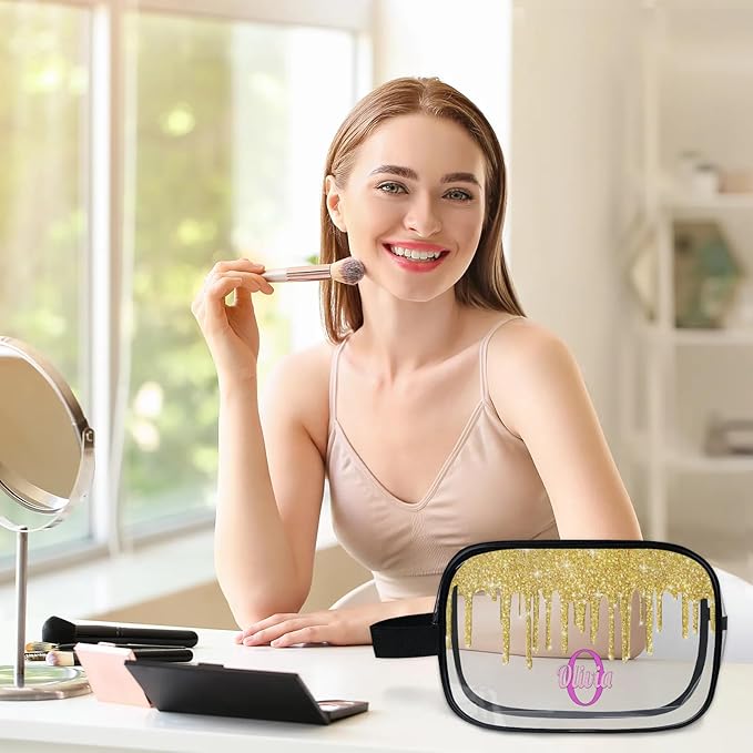 KFNHN Personalized Clear Makeup Bag with Name, Transparent Travel Cosmetic Bag for Women, Friends, Mother's Day, Bridesmaid, Bride, Wedding, Graduation, Yellow Glitters Water Fluid Shape Sequins