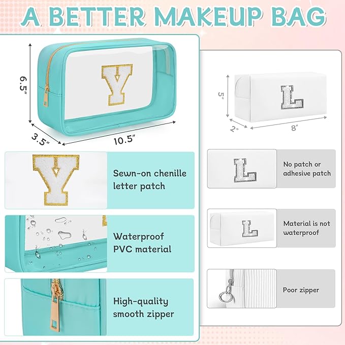 Personalized Initial Clear Makeup Bag, Travel Chenille Patch Cosmetic Bag, Preppy Toiletry Bag Monogram Cosmetic Pouch with Zipper, Ideal Gift for Teen Girls Women (Clear-Green, Y)