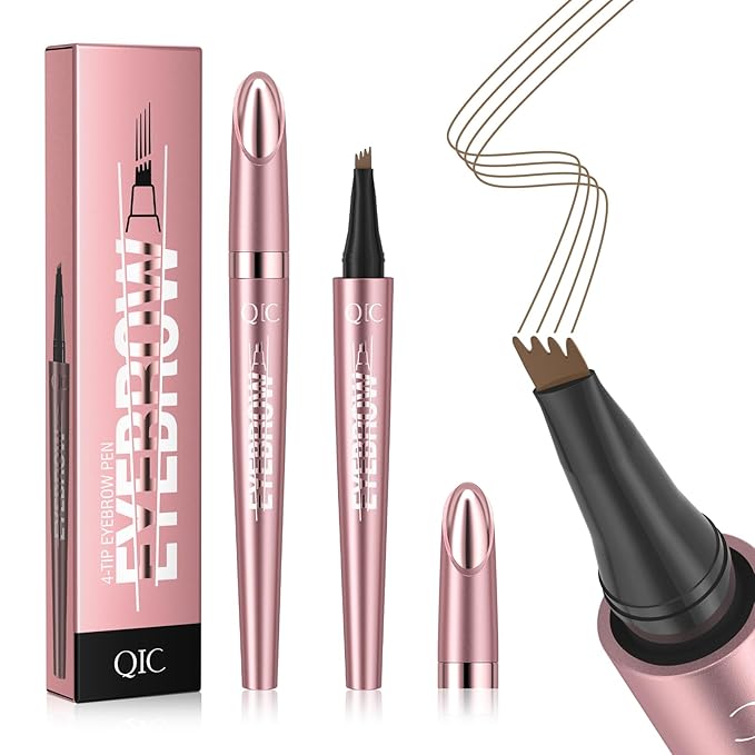 QIC 4-Tip Microblading Eyebrow Pen, Waterproof Brow Marker for Natural Hair-Like Strokes, Quick-Dry Smudge-Resistant, Light Brown