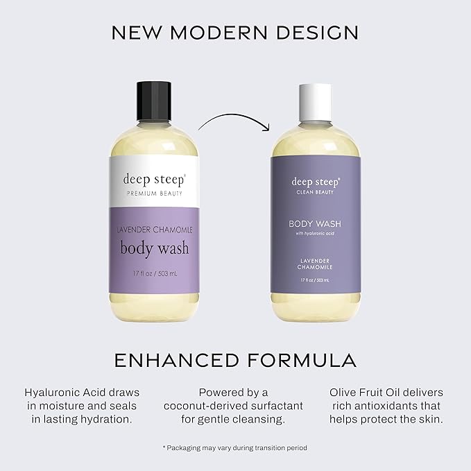 Deep Steep Lavender Chamomile Body Wash, Hydrating Shower Gel with Hyaluronic Acid & Shea Butter for Sensitive Skin, Bodywash for Women & Men, 17 Fl Oz, 1-Pack