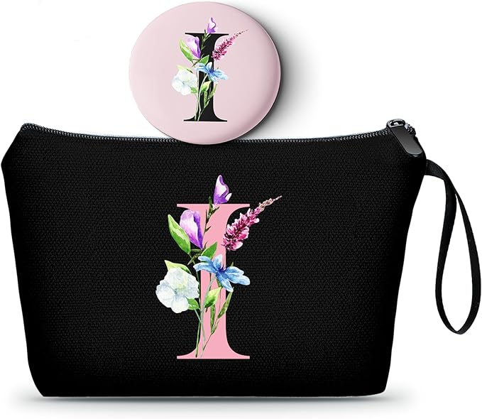 SEAMOON A-Z Personalized Gifts for Women, Initial Makeup Bag with Mirror, I