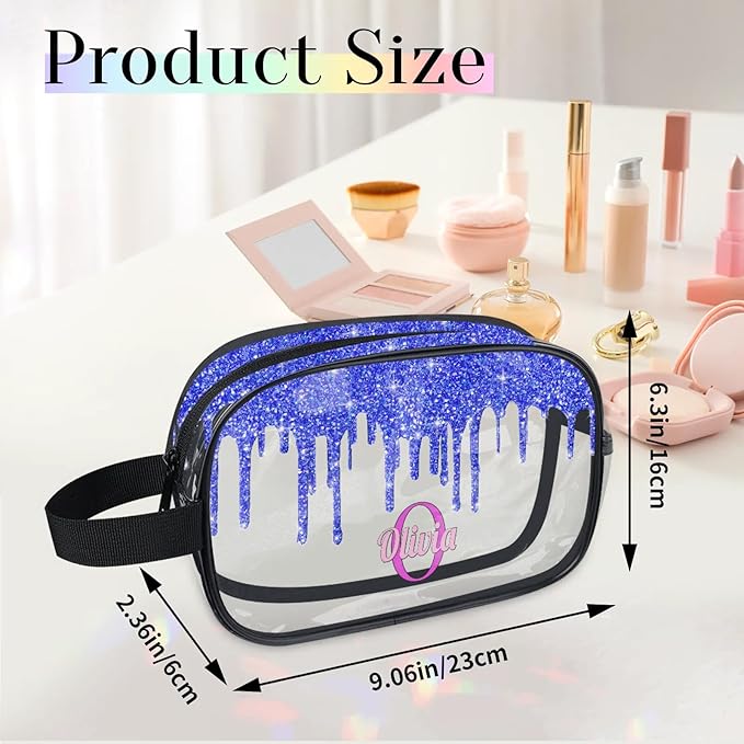 KFNHN Personalized Clear Makeup Bag with Name, Best Friends Teen Women Mom Birthday Gift Transparent PVC Toiletry Travel Bag for Toiletries, Shiny Bling Royal Blue Fluid Shape Glittery
