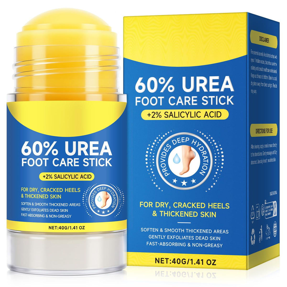 60% Urea with 2% Salicylic Acid Urea Foot Care Stick, Heel Stick for Cracked Feet, Foot Care Cream Moisturizer for Dry Cracked Feet, Knees, Elbows, Hands -1.41oz