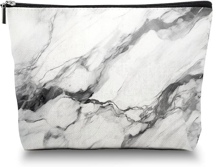 Scribesense Makeup Bag Travel Cosmetic Bags Small Makeup Case Waterproof Zipper Pouch for Women Girls 7X9inches - Bold Black - Veined White Marble