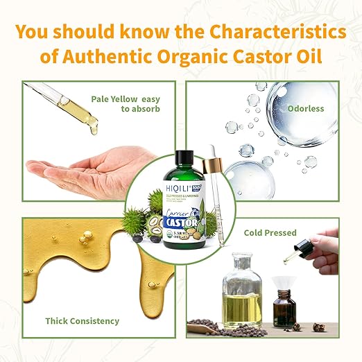 HIQILI Organic Castor Oil Cold Pressed for Hair, Lash & Eyebrow Care
