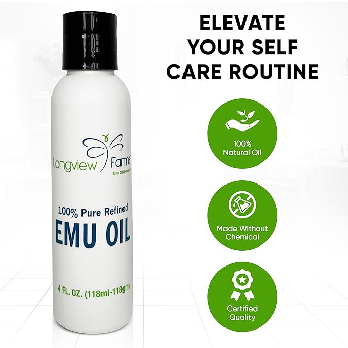 Longview Farms Emu Oil - Hair and Body - 100% Pure & Refined | Pure Emu Oil for Skin & Hair Care | Premium Quality Hydration & Nourishment | 1 Fl. Oz
