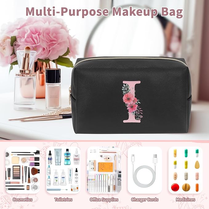 Initial Makeup Bag for Women, Travel Makeup Bag Small Cosmetic Bag, Birthday Gifts for Girls and Women, Teen Girls Gifts Trendy Stuff, Personalized Gifts for Grandkids Teacher Friends Bride Bridesmaid