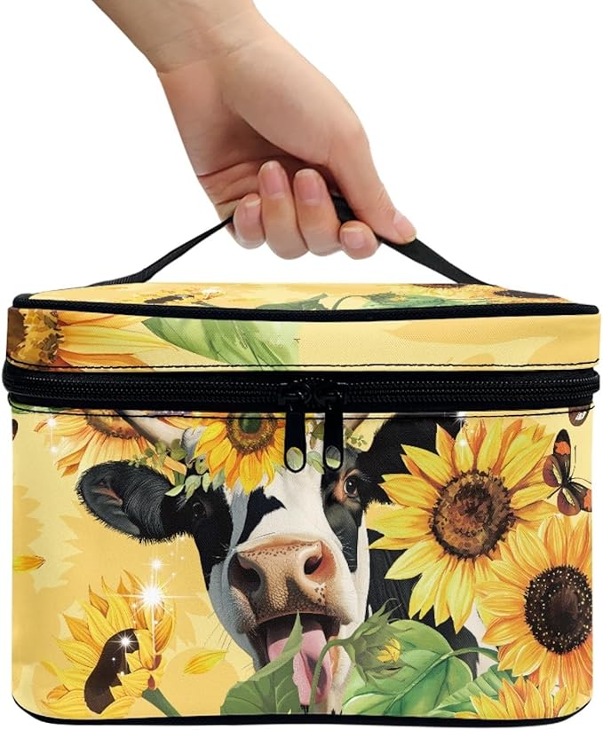 Drydeepin Cute Sunflower Cow Print Travel Makeup Bag for Women Yellow Large Capacity Cosmetic Bag with Zipper and Handle Portable Brushes Case Toiletry Bag Make Up Organizers and Storage Bags