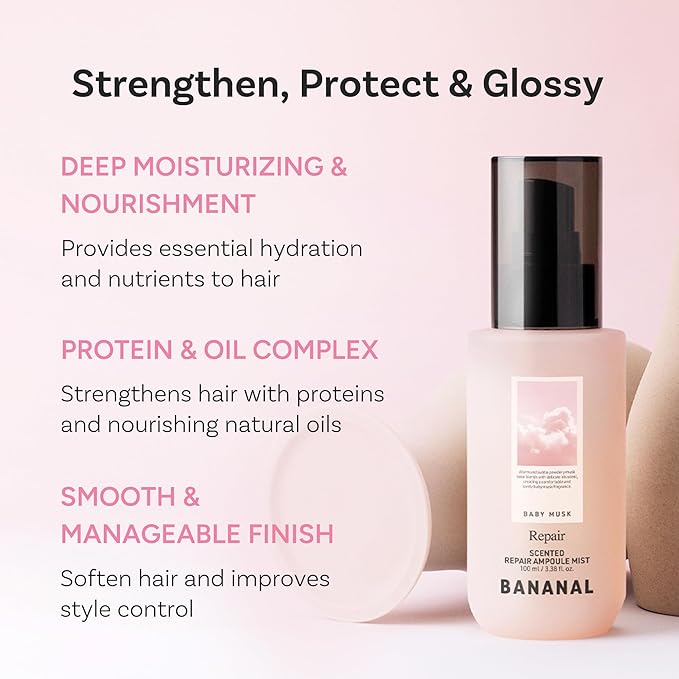 BANANAL Korean Scented Hair Serum Mist – Argan Oil & Silk Protein Ampoule for Nourishing, Frizz Control, Damaged Repair & Glass Hair Shine – Baby Musk, 100ml / 3.38 fl oz