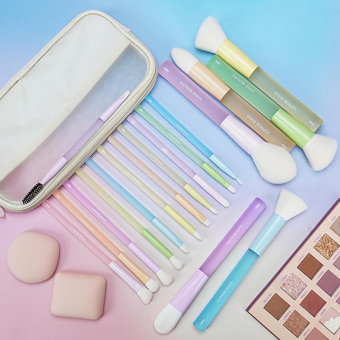 VIVID BEAUTY Makeup Brush Set, 18 Pcs Makeup Brushes with 2 Sponges & Travel Bag, Colorful Make up Brushes for Foundation Powder Blush Blending Eyeshadow, Face & Eye Brush Kit for Beginner