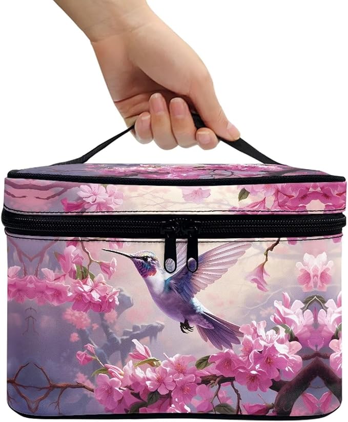 Drydeepin Hummingbird and Pink Flowers Print Travel Makeup Bags for Women Portable Tote Cosmetic Case with Carry Handle Toiletry Accessories Storage Organizer Bags