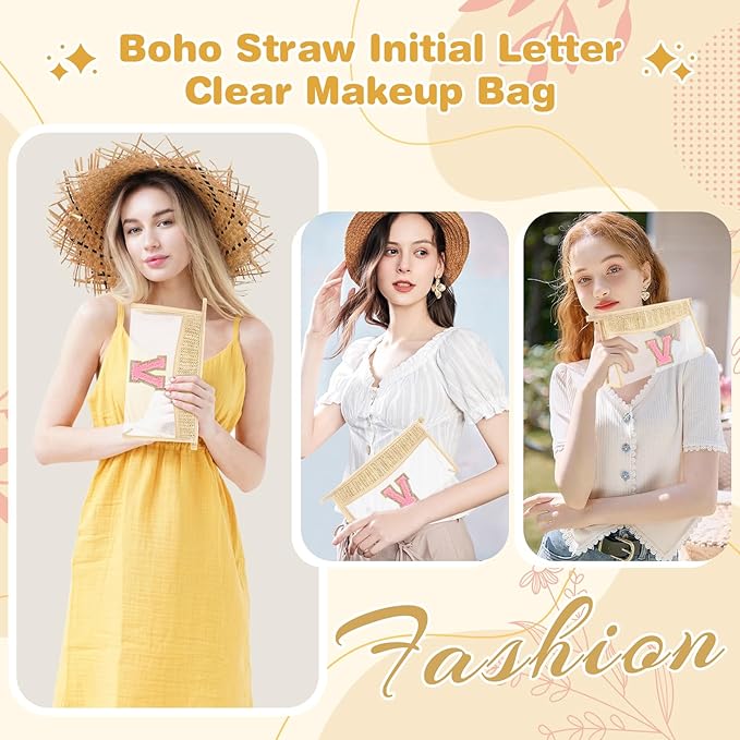 Small Boho Straw Initial Letter Makeup Bag Personalized Gift ,Cute Clear Chenille Patch Makeup Bag With Zipper,Trendy TSA Approved Travel Toiletry Bag,Gift for Women Girls Birthday Friend, Letter V