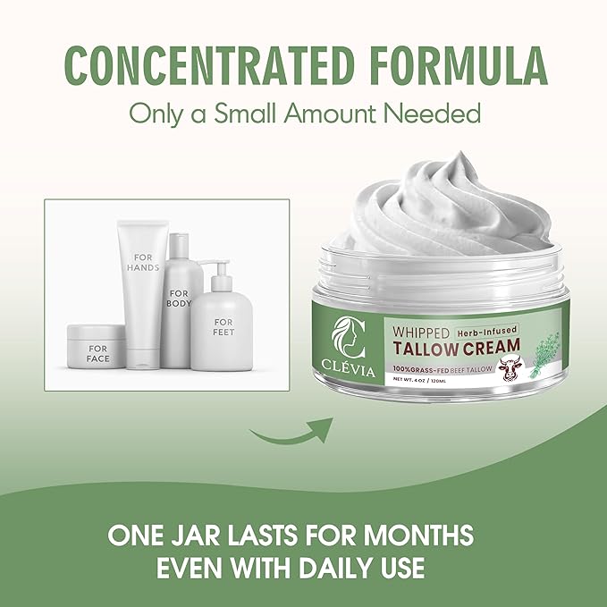 CLÉVIA 100% Grass-Fed Whipped Tallow Cream - 4 OZ Anti-Wrinkle Face and Body Balm with Jojoba Oil - Non-Comedogenic Deep Hydration for Dry, Sensitive and Irritated Skin - Herb-Infused