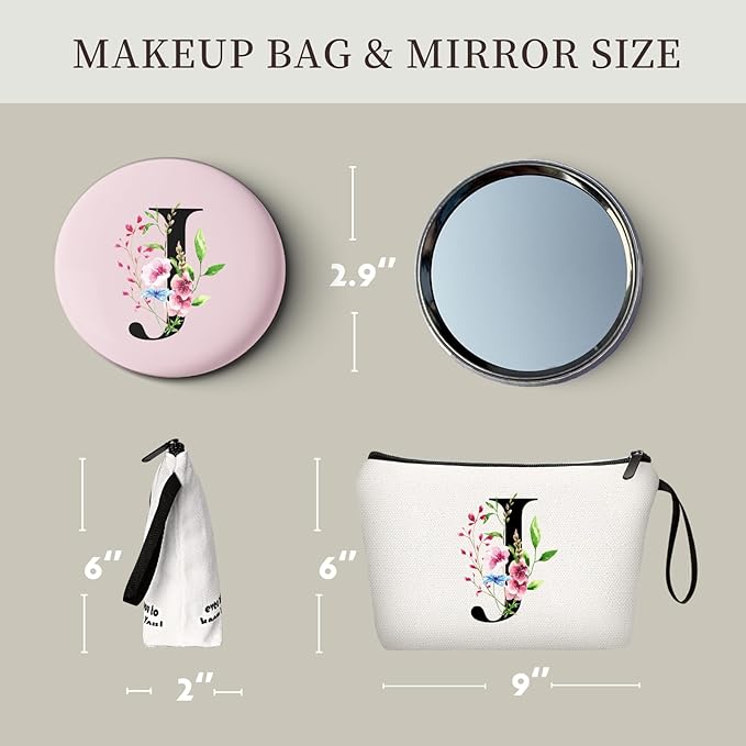 SEAMOON A-Z Personalized Makeup Bag with Mirror, Birthday Gifts for Women Friend Sister Teacher Coworkers, Bride Bridesmaid Travel Cosmetic Bag, Mothers Day Christmas Graduation J
