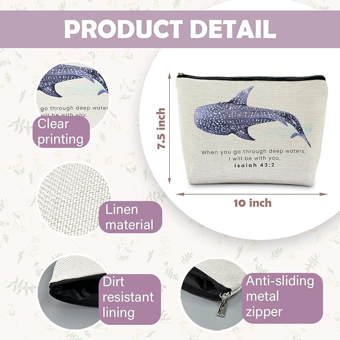 RYYCDOI Whale Shark Christian Makeup Bag Pouch, Christian Shark Gifts for Women, Bible Verse Gifts Isaiah 43:2, When you go through deep waters I will be with you