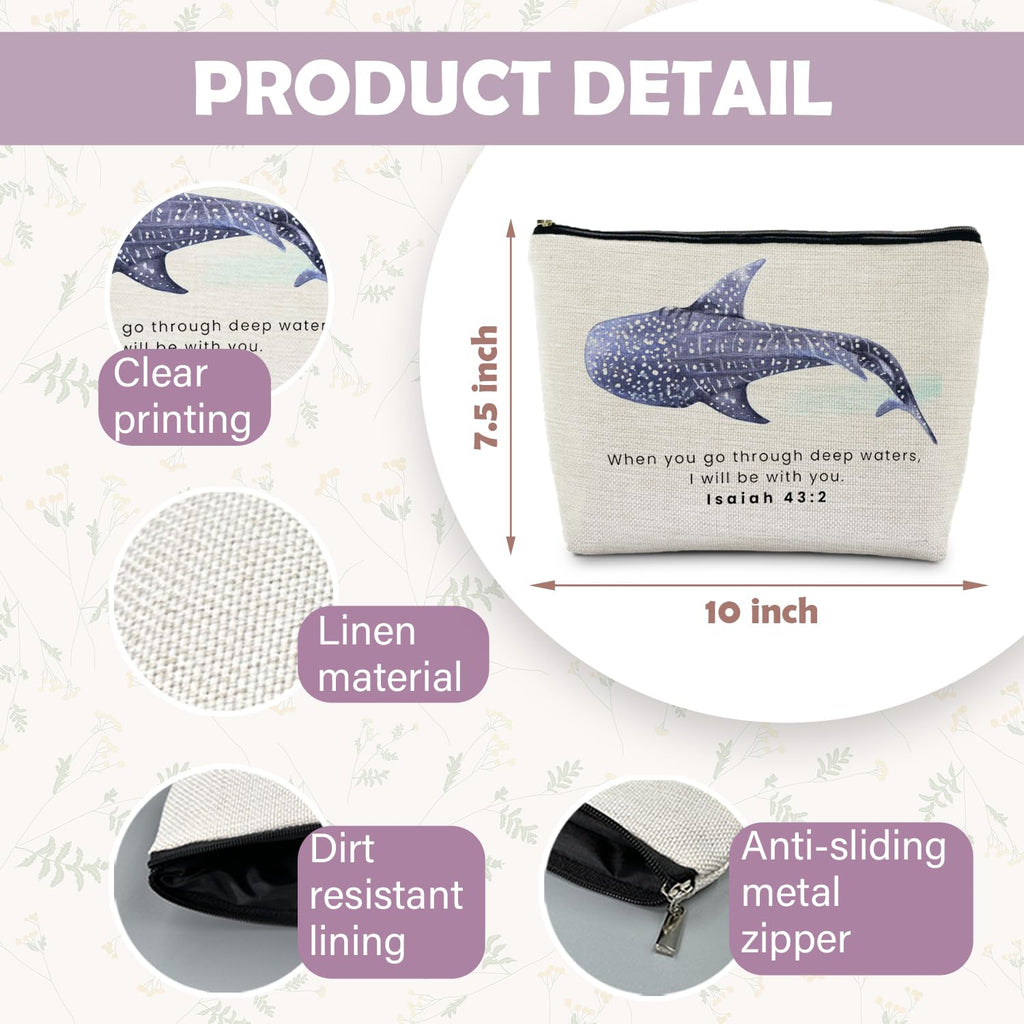 RYYCDOI Whale Shark Christian Makeup Bag Pouch, Christian Shark Gifts for Women, Bible Verse Gifts Isaiah 43:2, When you go through deep waters I will be with you