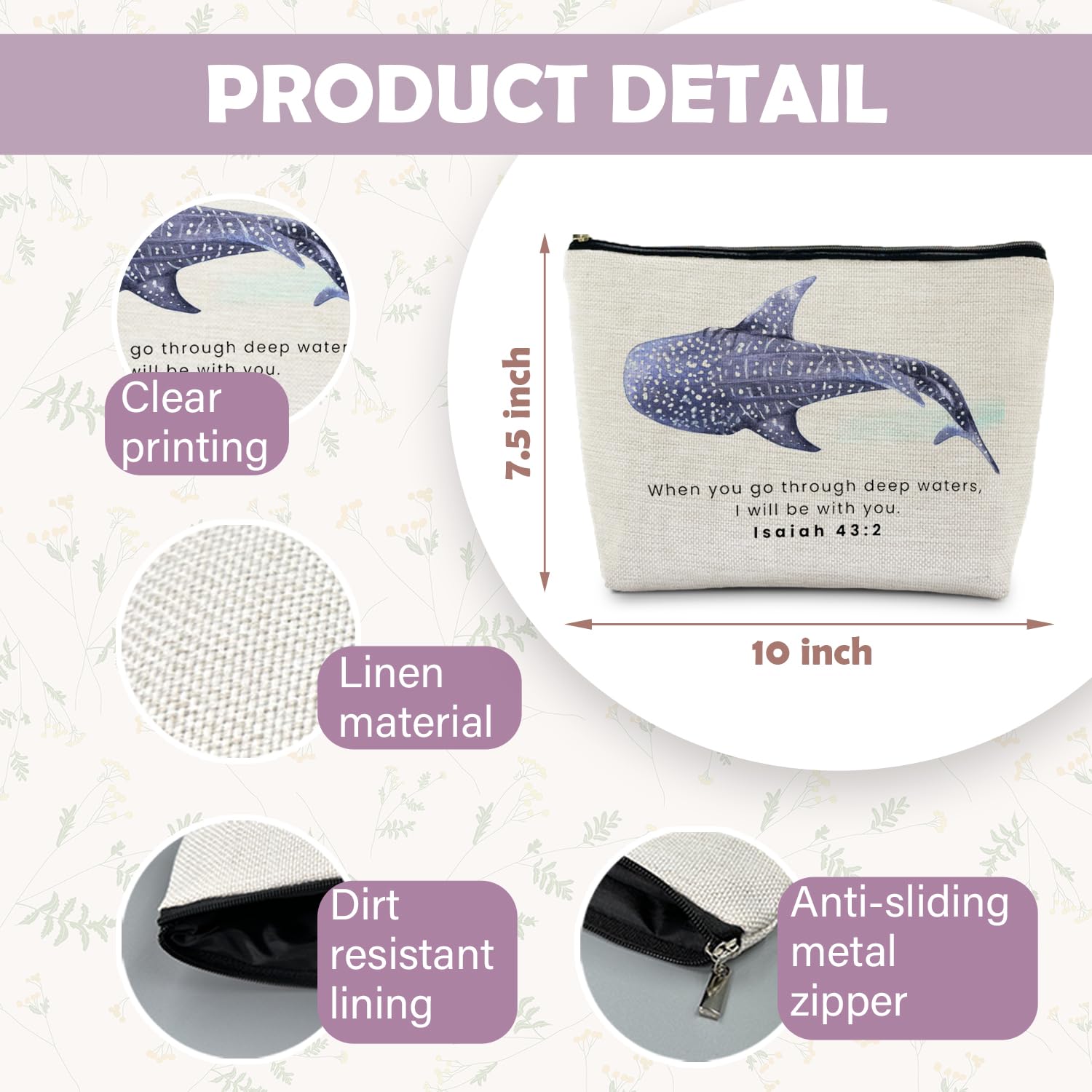 RYYCDOI Whale Shark Christian Makeup Bag Pouch, Christian Shark Gifts for Women, Bible Verse Gifts Isaiah 43:2, When you go through deep waters I will be with you
