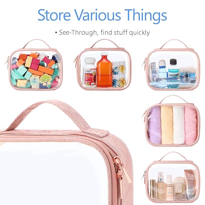 PACKISM Clear Makeup Bag Travel - TSA Approved Toiletry Bag, 3 Pack Pink